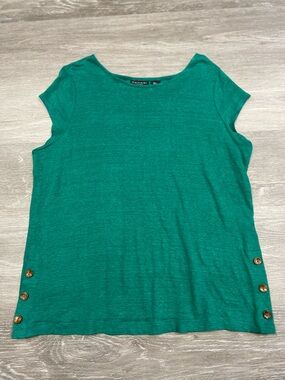 Tahari 100% Linen Emerald Green Short Sleeve Side Button Tee Women’s Size L
